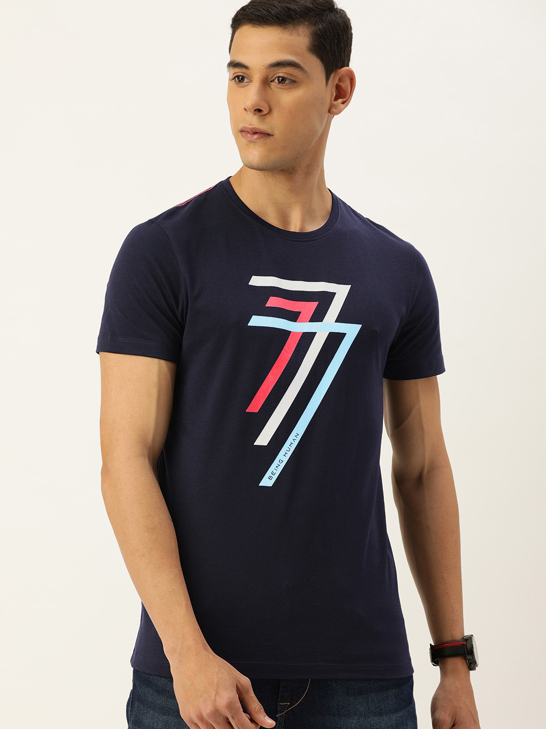 

Being Human Men Navy Blue Printed Round Neck Pure Cotton T-shirt