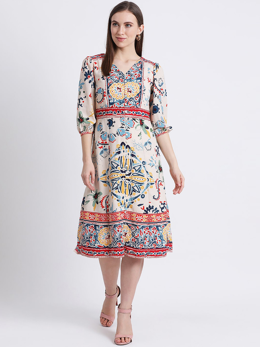 

Zink London Women Yellow & Blue Printed A-Line Ethnic Dress