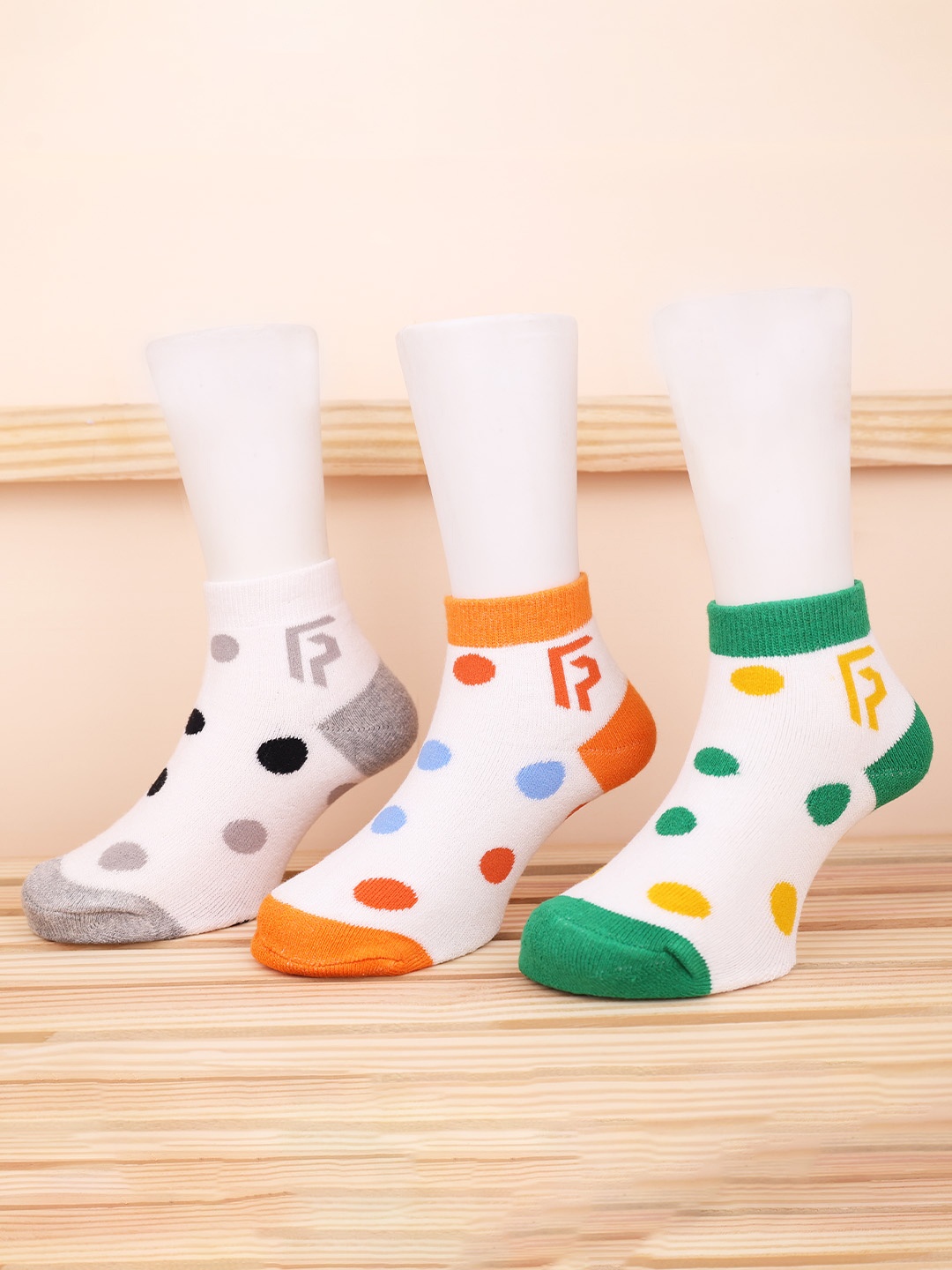 

FOOTPRINT 3 Pairs Infant Kids Patterned Ankle-Length Organic Cotton Socks, White