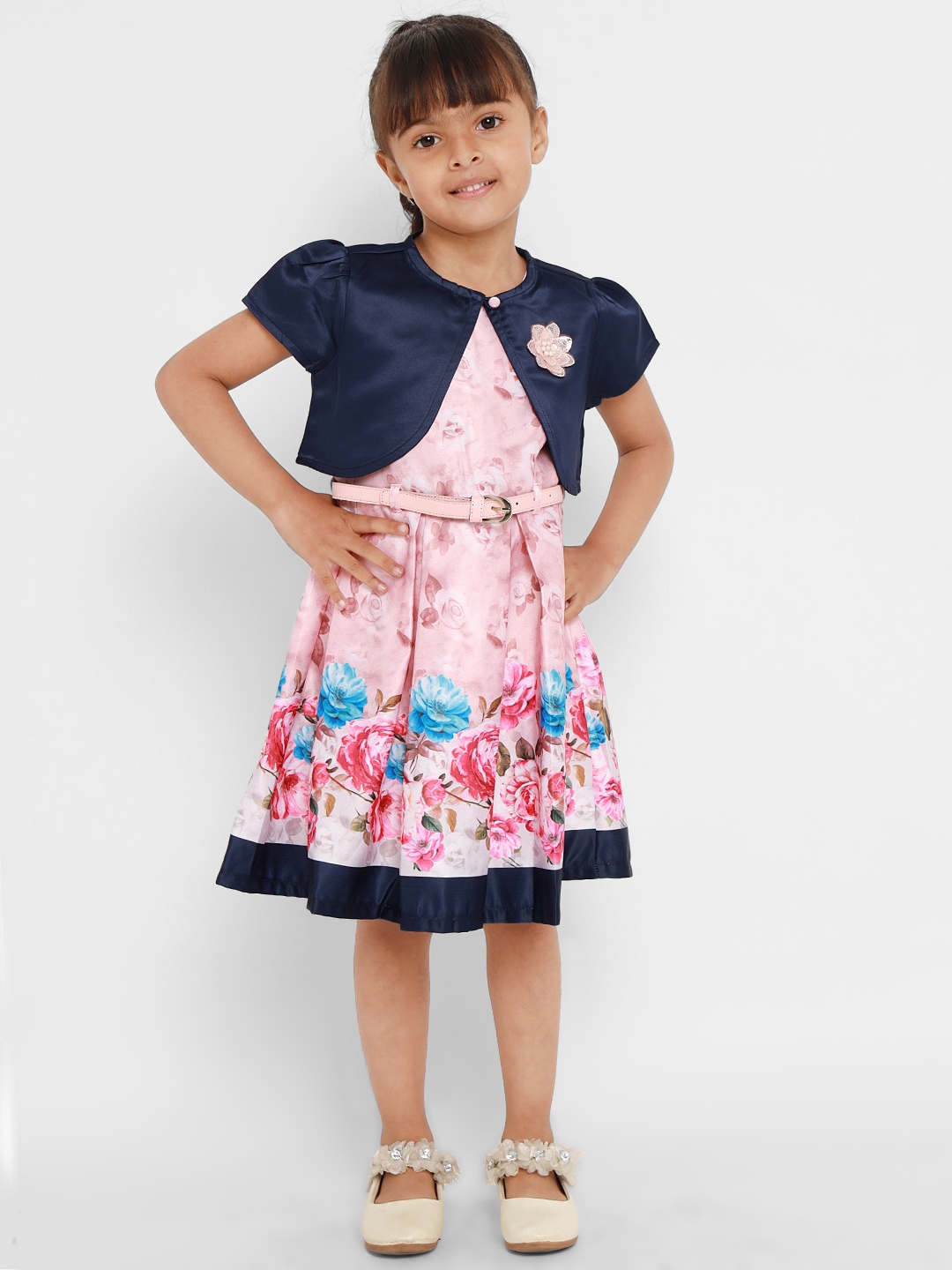 

Nauti Nati Girls Peach-Coloured Printed A-Line Dress with Shrug