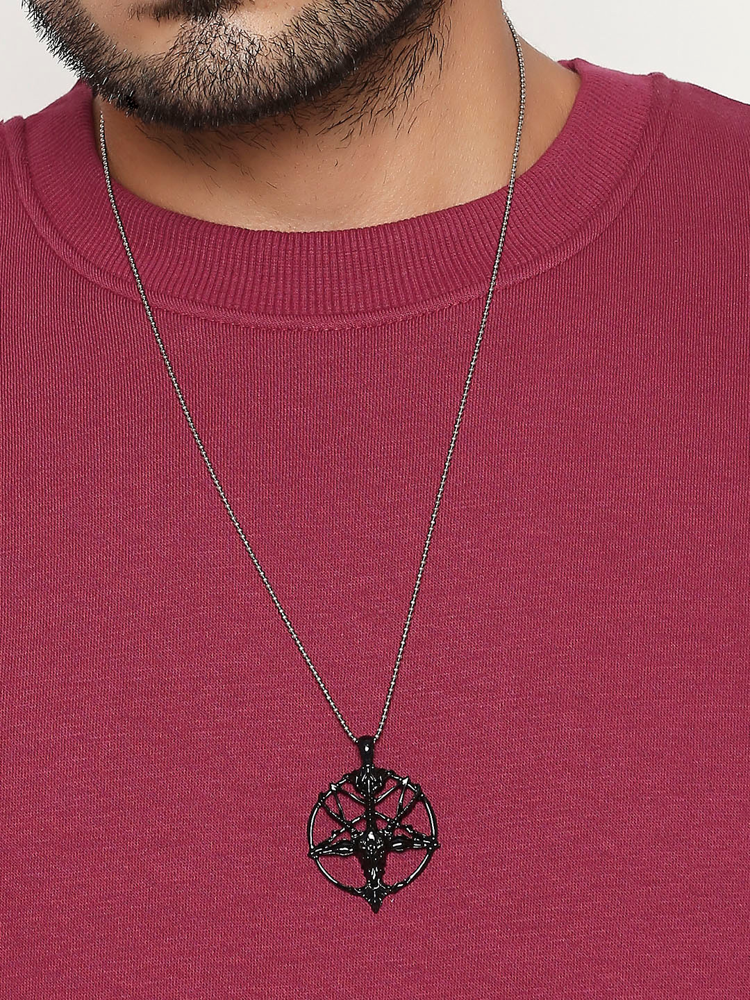 

OOMPH Men Silver-Plated & Black Gothic Goat Skull Biker Pendant Necklace