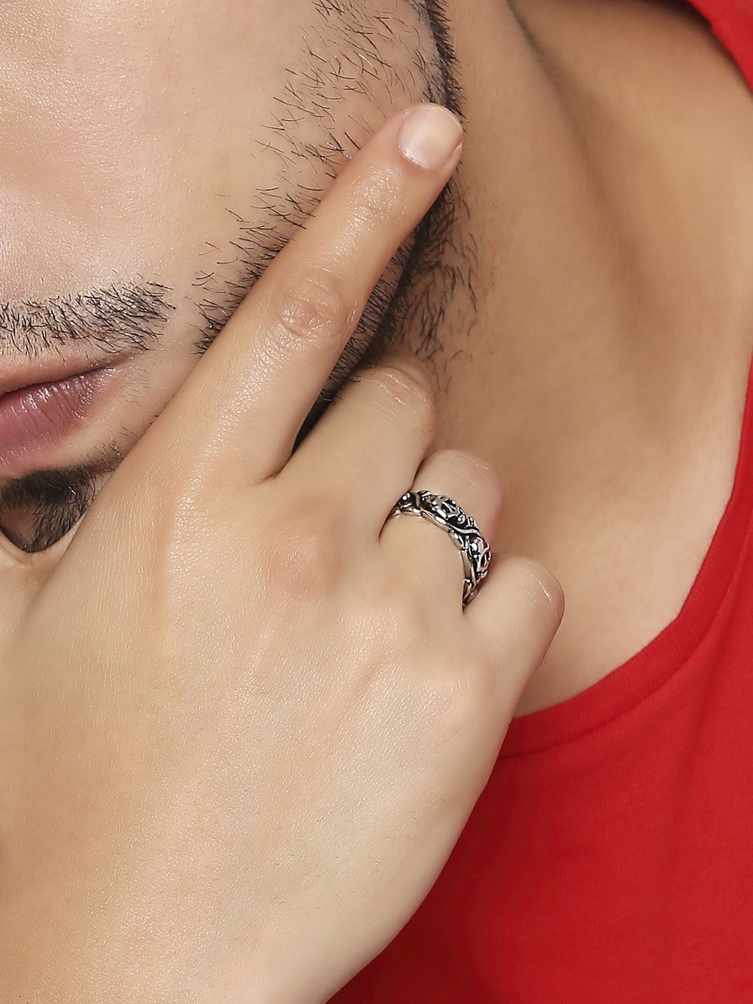 

OOMPH Men Silver-Toned Oxidized Gothic Skull Band Finger Ring