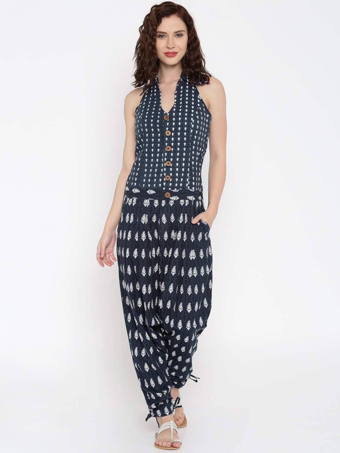 

Desi Weavess Navy Printed Jodhpuri Jumpsuit, Navy blue