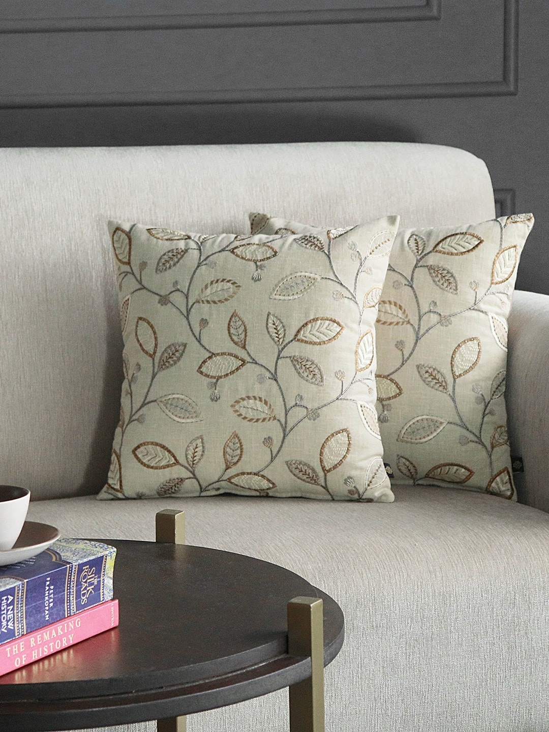 

GM Set Of 2 Beige & Green Embroidered Square Cushion Covers