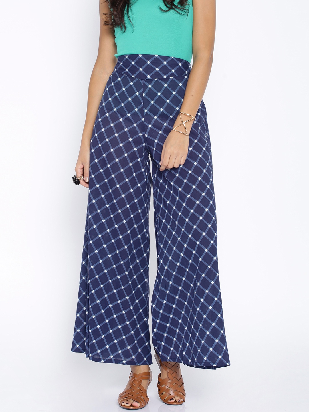 

Desi Weavess Navy Checked Palazzo Trousers, Navy blue