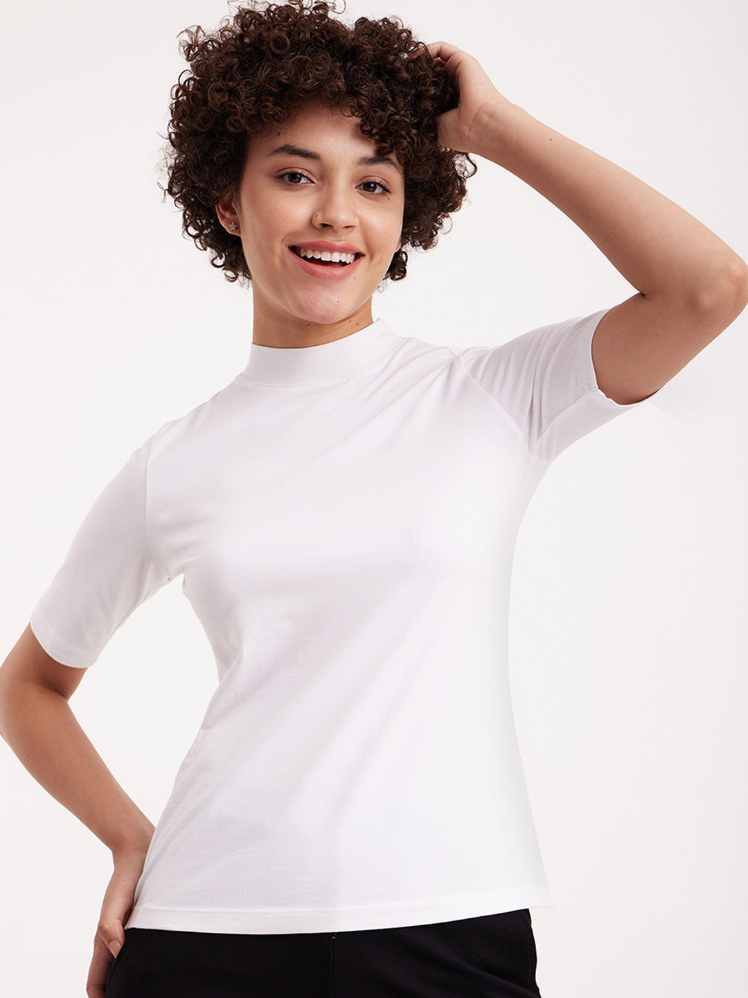 

FableStreet Women White Solid High Neck T-shirt