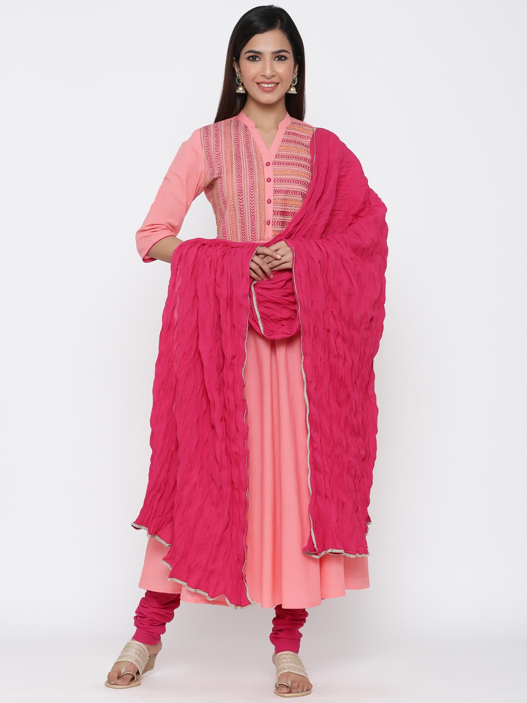 

Jaipur Kurti Women Peach-Coloured Embroidered Kurta with Churidar & Dupatta