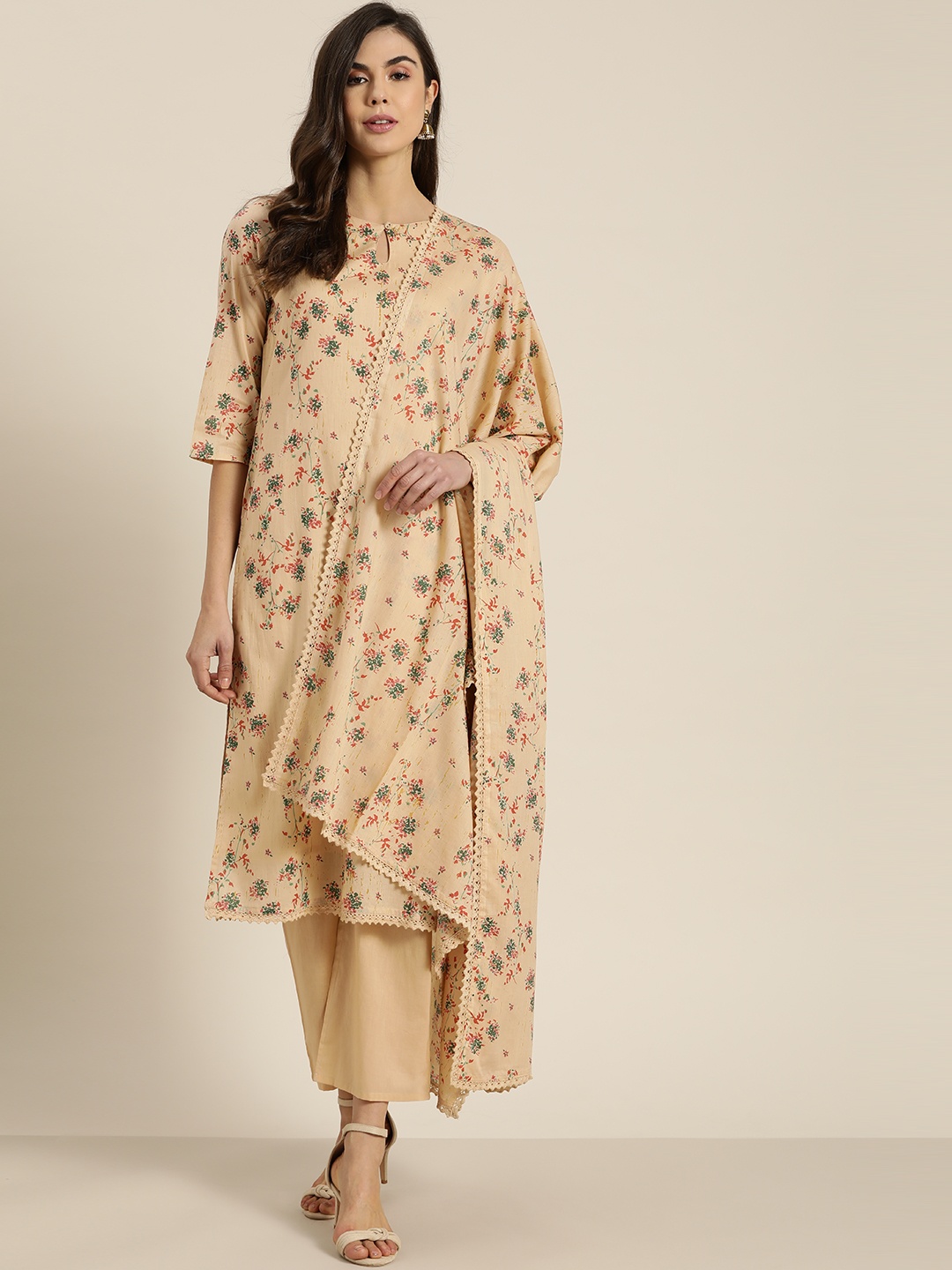 

Moda Rapido Women Beige & Green Pure Cotton Floral Print Kurta with Trousers & Dupatta