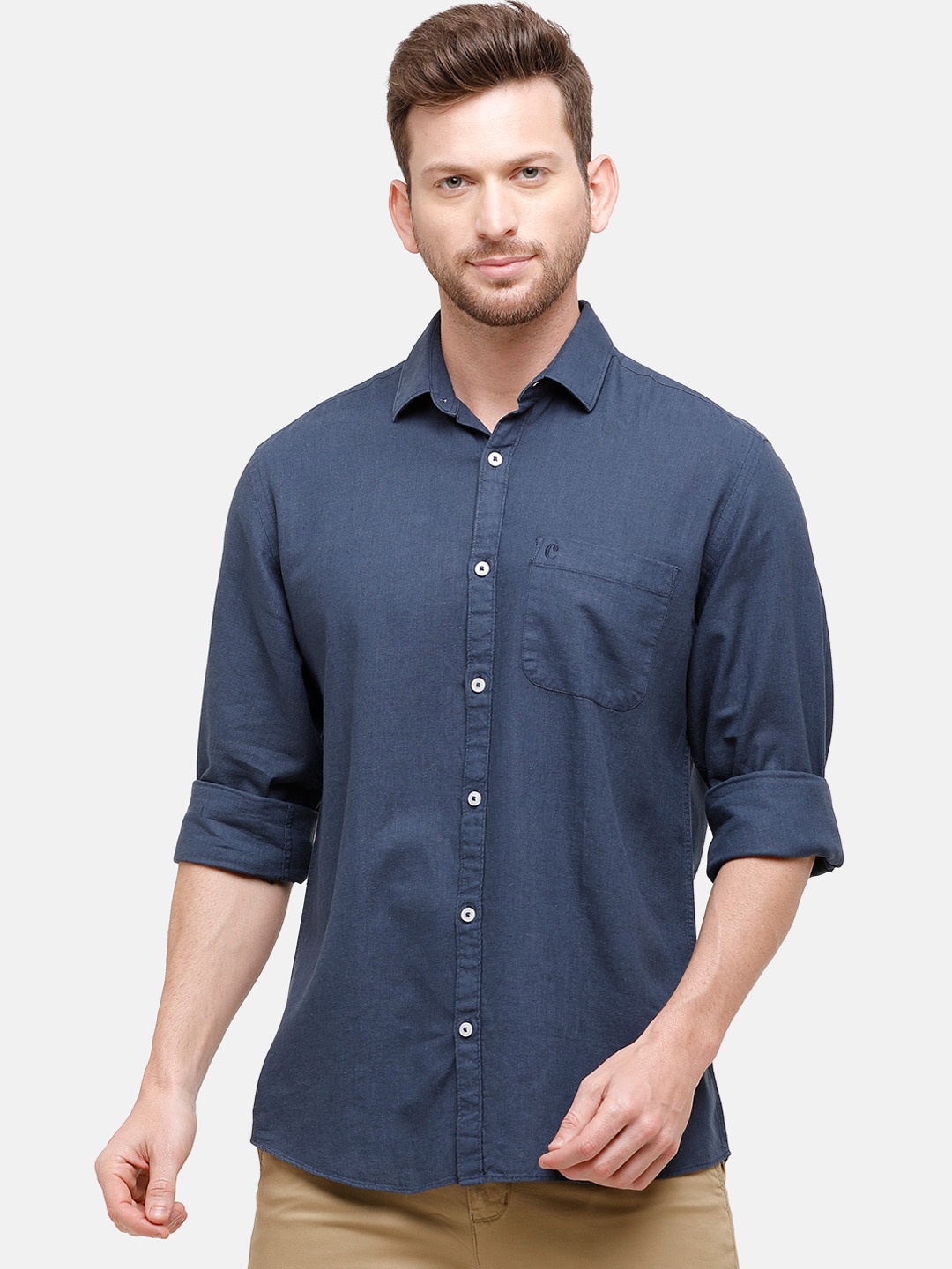 

CAVALLO by Linen Club Men Cotton Linen Navy Blue Regular Fit Solid Casual Shirt