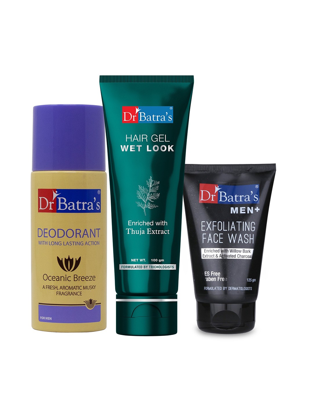 

Dr. Batras Men Exfoliating Face Wash 125g + Deo For Men 100g + Hair Gel 100g, Black