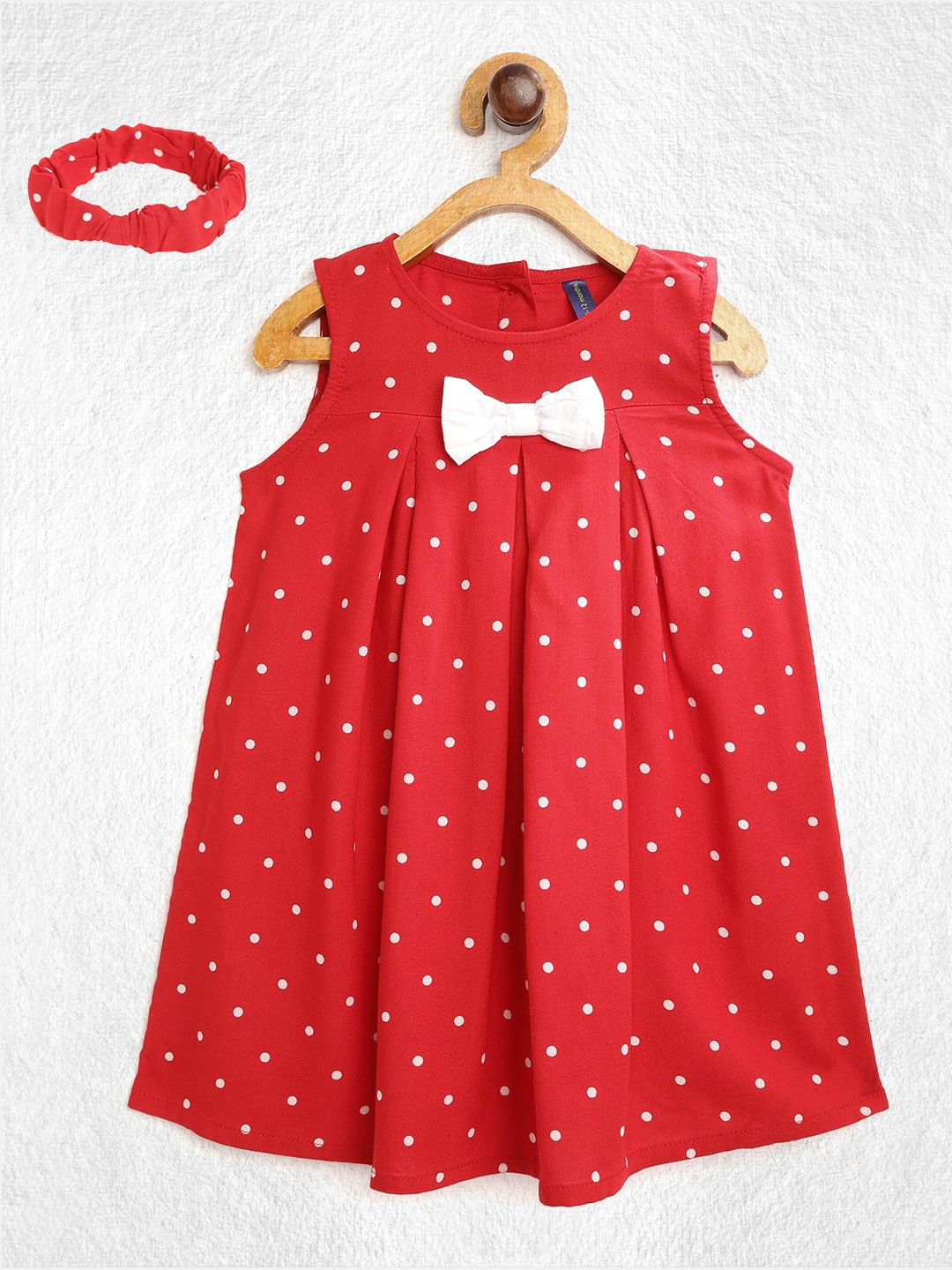 

YK Infant Girls Red & White Polka Dots Print A-Line Dress with Hairband