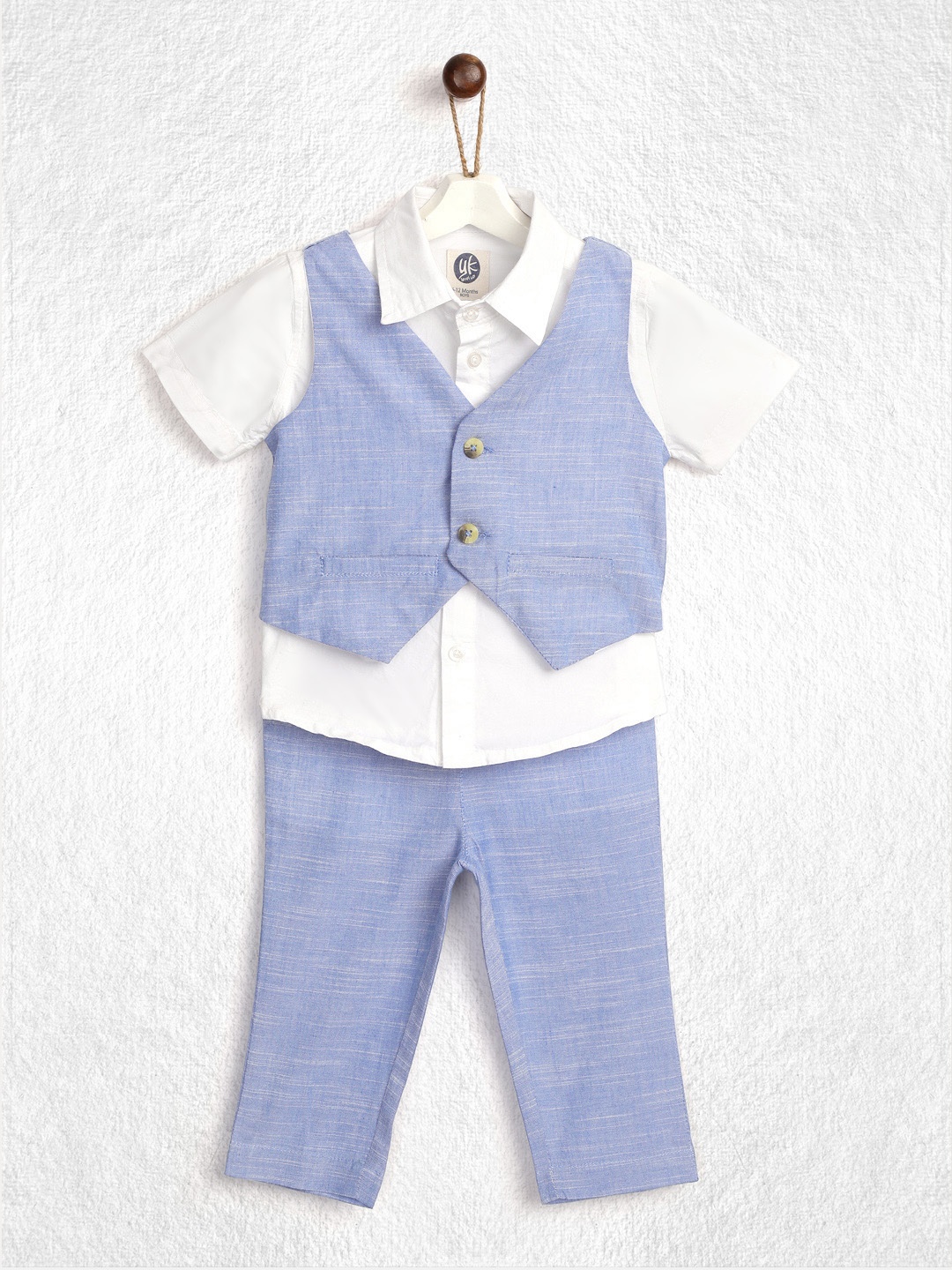 

YK Infant Boys White & Blue Solid Shirt with Trousers & Waistcoat