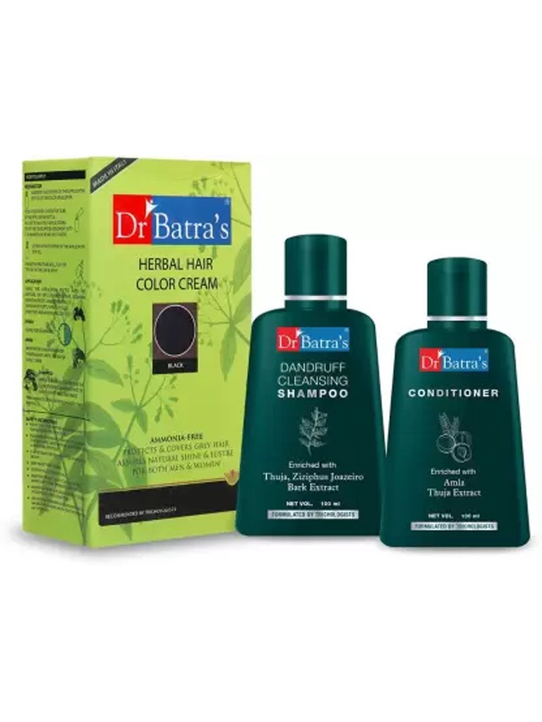 

Dr. Batras Herbal Hair Color Cream-Black + Dandruff Cleansing Shampoo + Hair Conditioner, White