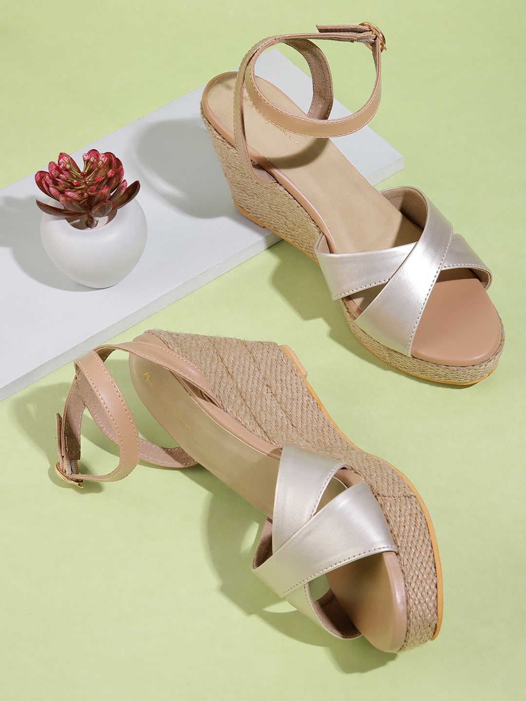 

Mast & Harbour Women Gold-Toned & Beige Solid Wedges