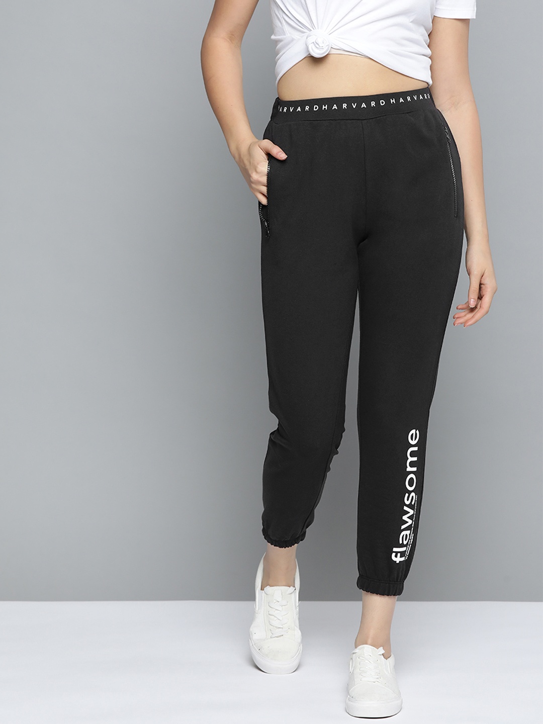 

Harvard Women Black Solid Pure Cotton Joggers with Typography Print Detail