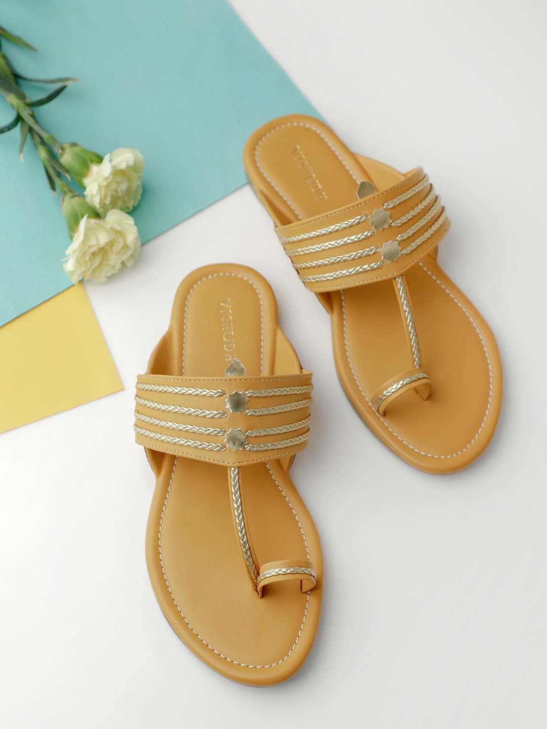 

Vishudh Women Yellow Woven Design T-Strap Flats