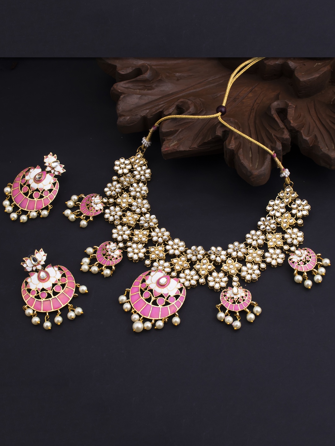 

Sukkhi Gold-Plated Pink & White Kundan-Studded Lotus Meenakari Choker Jewellery Set