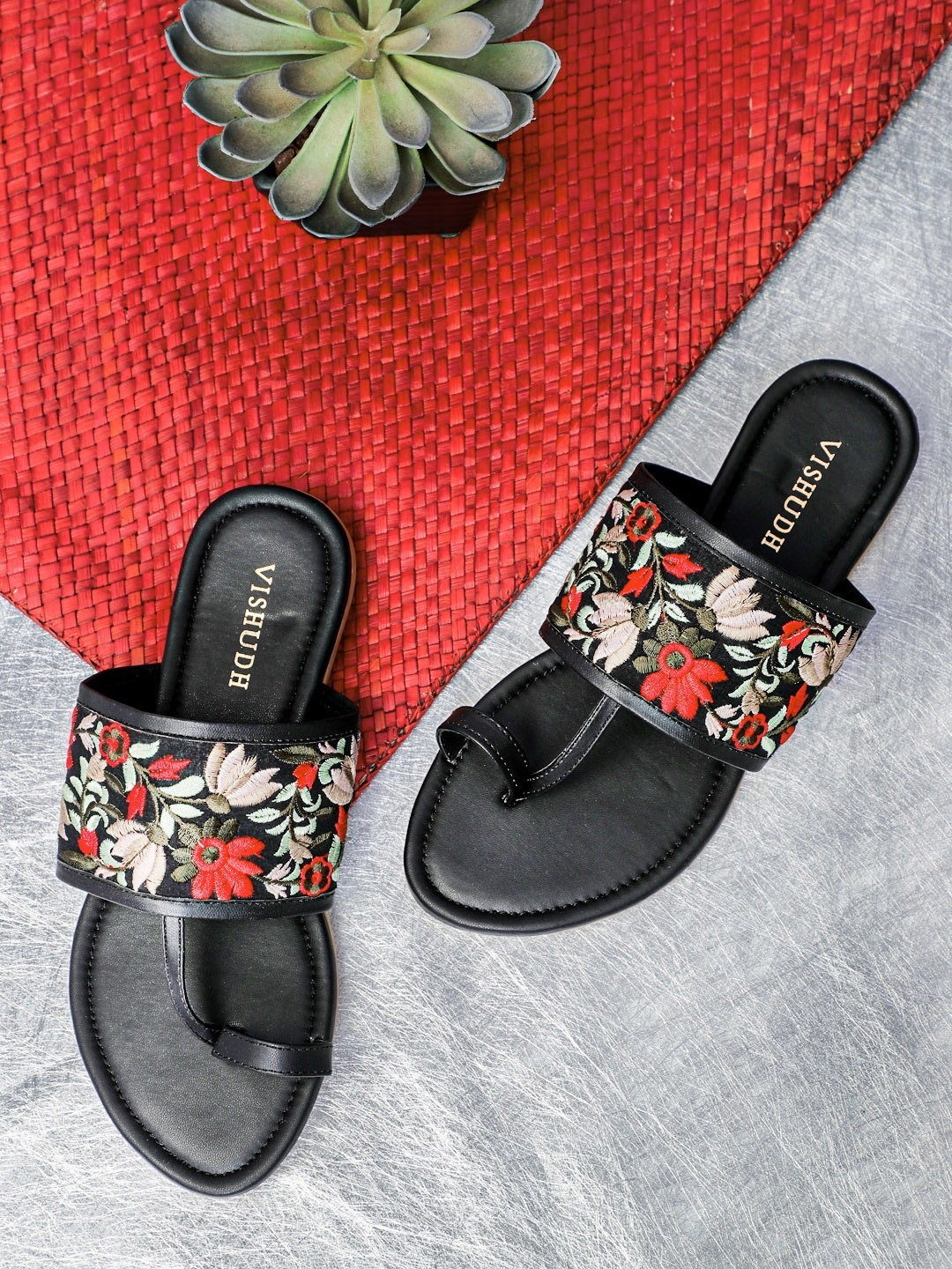 

Vishudh Women Black Woven Design T-Strap Flats