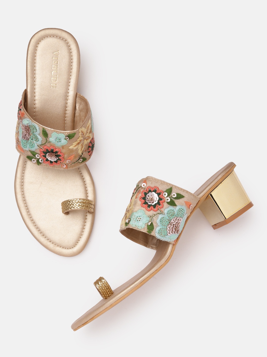 

Vishudh Floral Embroidered Ethnic Block Heels, Gold