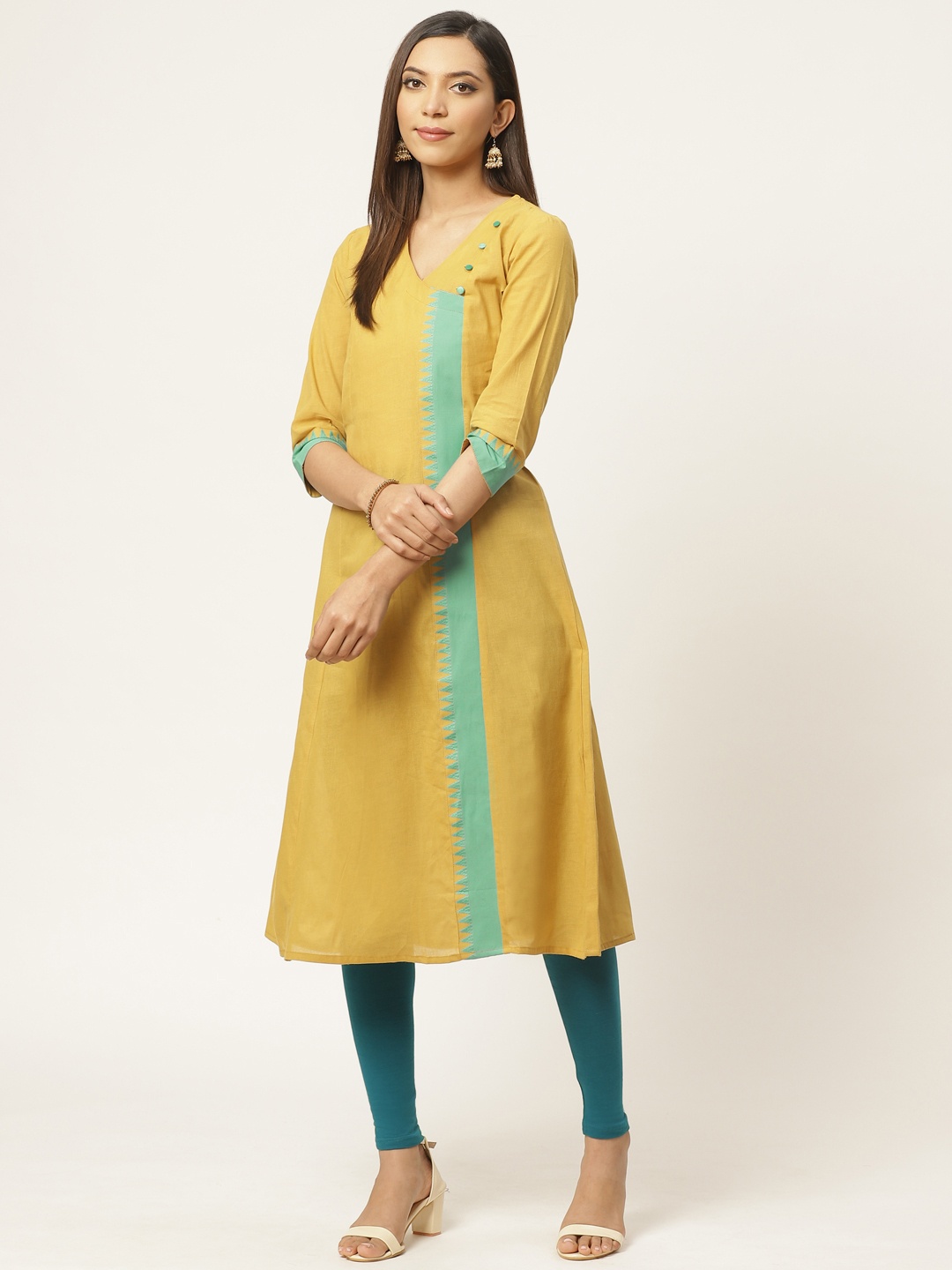 

ZIZO By Namrata Bajaj Women Mustard Yellow & Blue Pure Cotton Solid A-Line Kurta