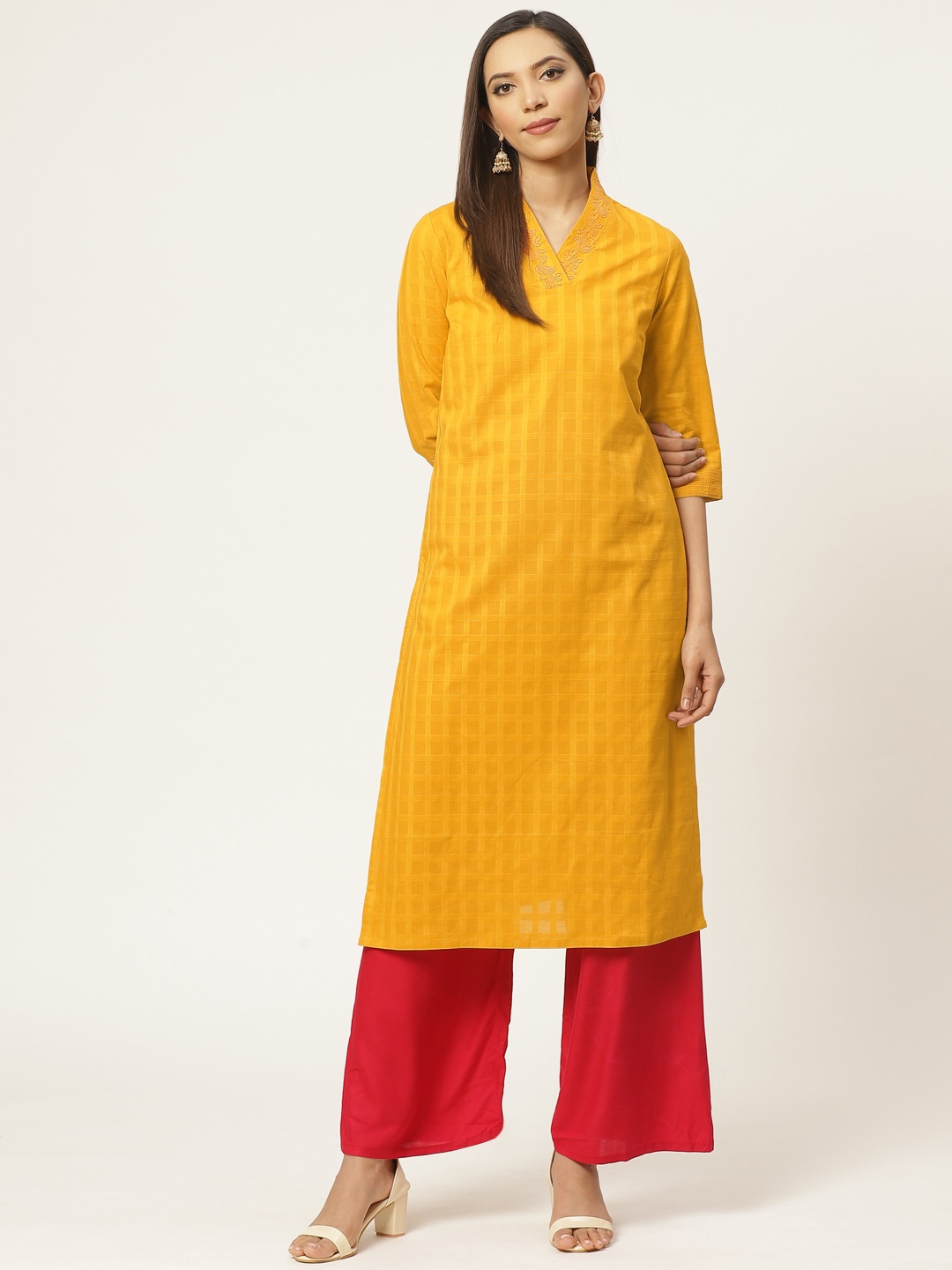 

ZIZO By Namrata Bajaj Women Mustard Yellow Pure Cotton Self-Checked Straight Kurta