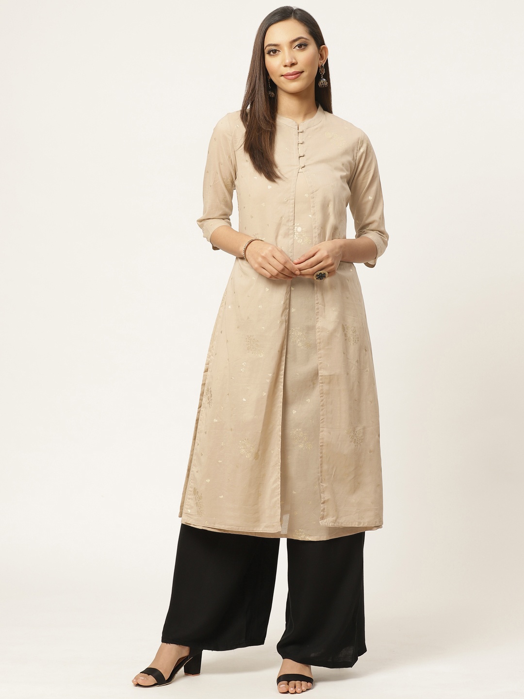 

ZIZO By Namrata Bajaj Women Taupe & Golden Printed Layered A-Line Kurta