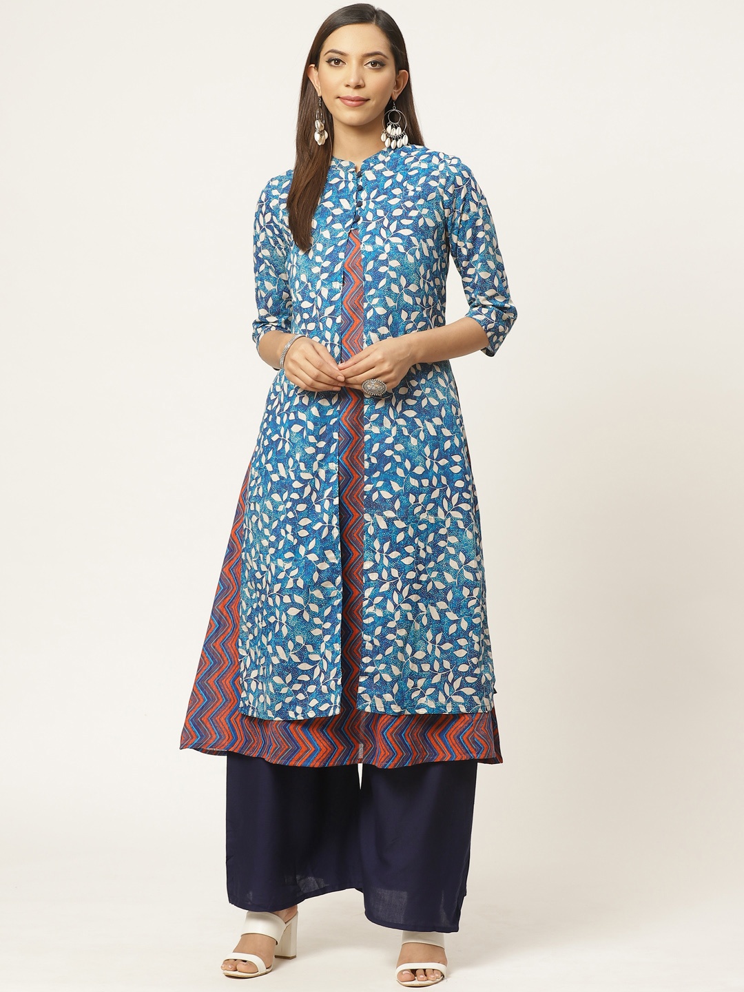 

ZIZO By Namrata Bajaj Women Blue & Orange Pure Cotton Printed Layered A-Line Kurta