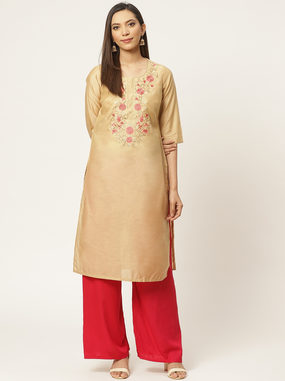 

ZIZO By Namrata Bajaj Women Beige Embroidered Yoke Straight Kurta