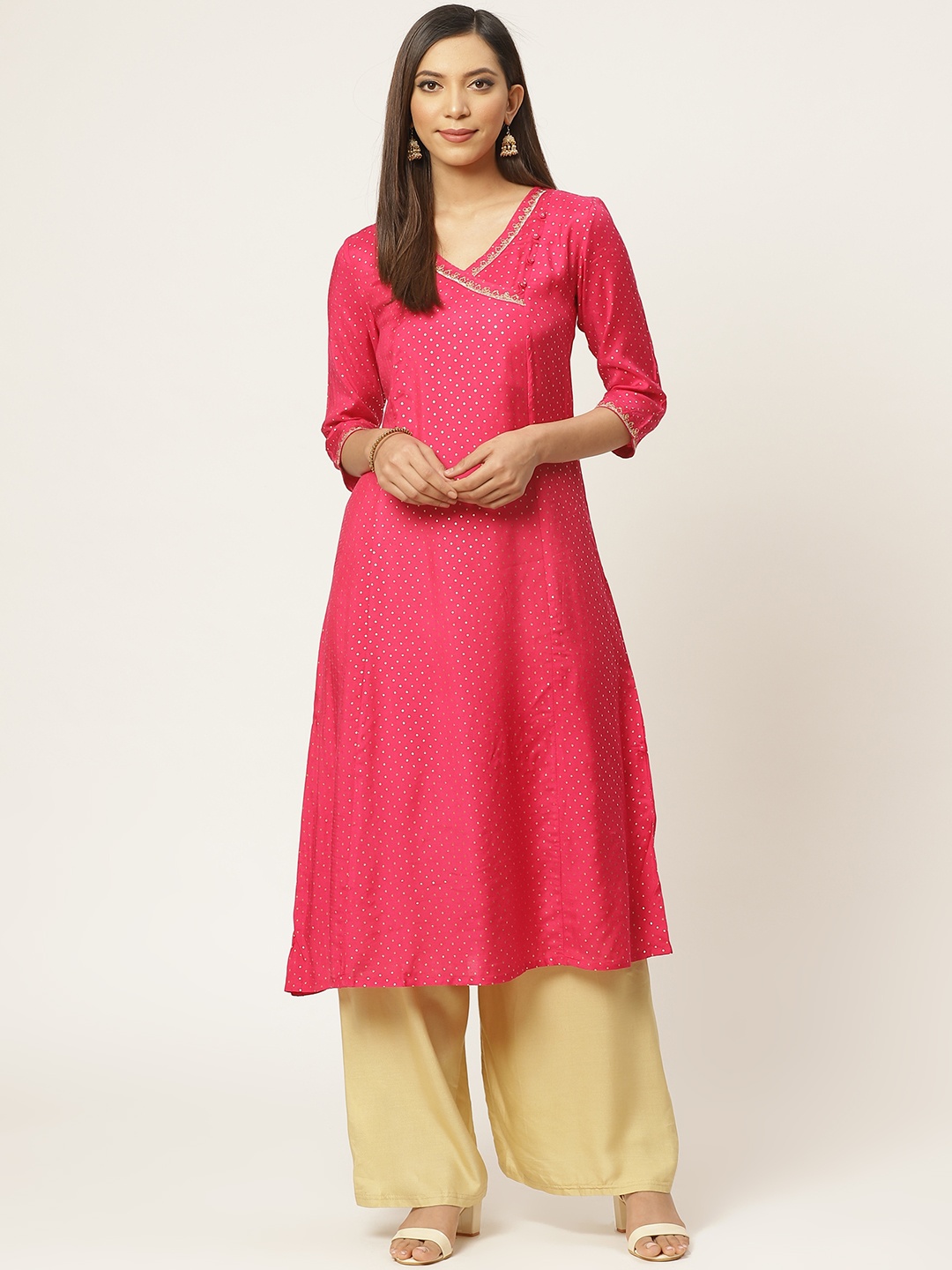 

ZIZO By Namrata Bajaj Women Fuchsia & Golden Polka Print A-Line Kurta