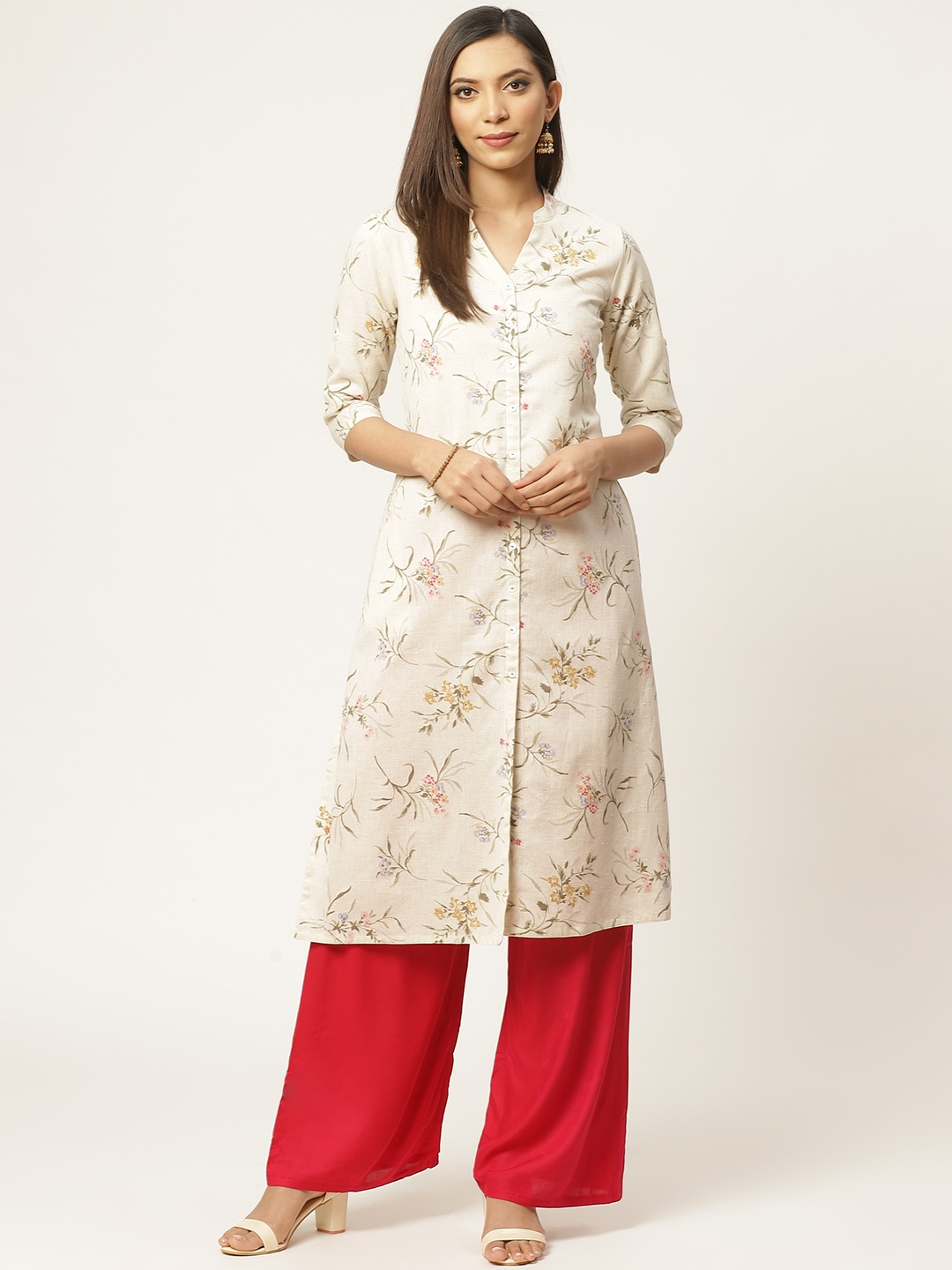 

ZIZO By Namrata Bajaj Women Off-White & Green Floral Printed Straight Kurta