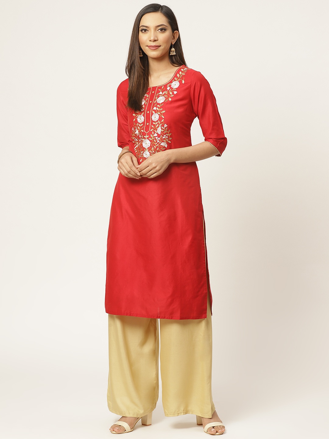 

ZIZO By Namrata Bajaj Women Red Embroidered Yoke Straight Kurta