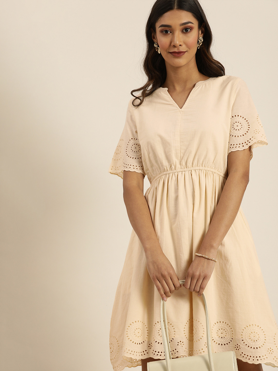 

all about you Women Cream-Coloured Pure Cotton Solid A-Line Dress