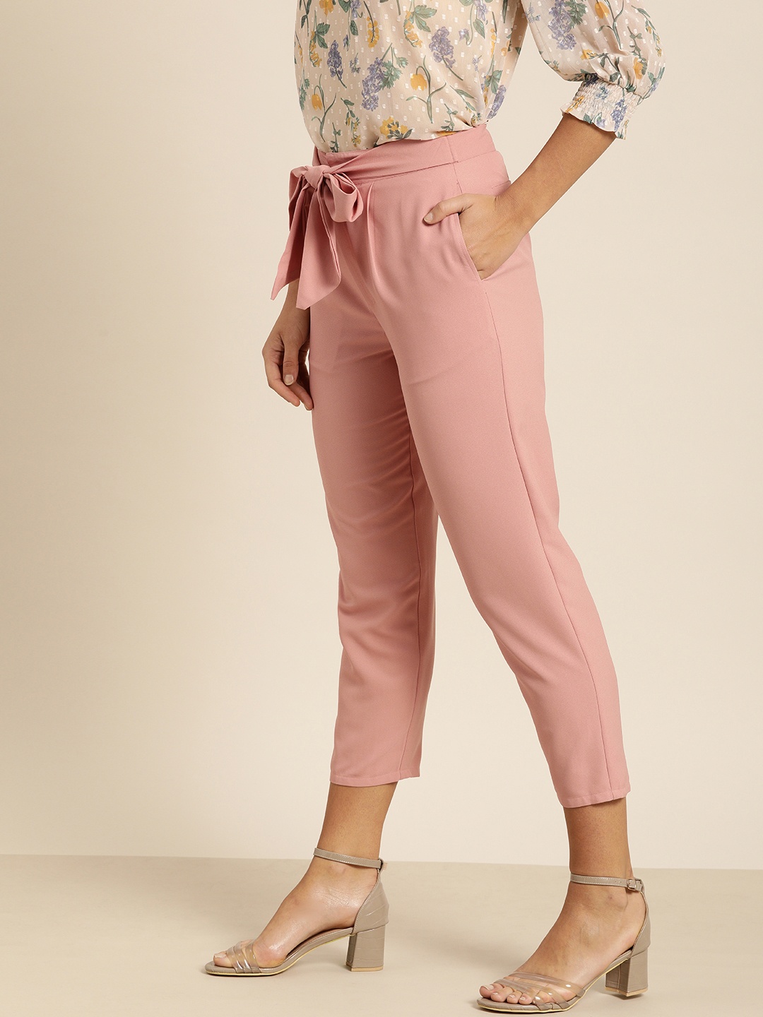 

all about you Women Pink Solid Cropped Regular Trousers with Waist Tie-Up detail