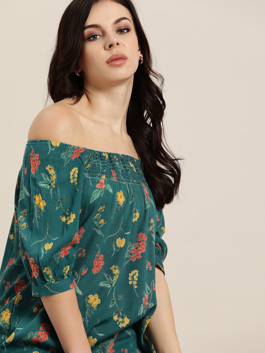 

all about you Green Floral Print Bardot Top