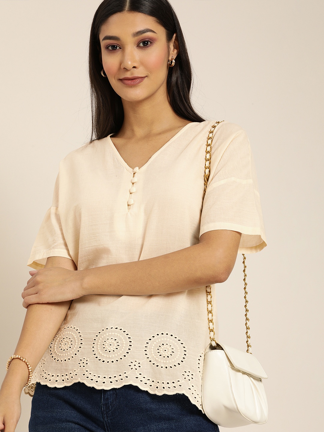 

All About You Cream-coloured Solid Schiffli Embroidered Top