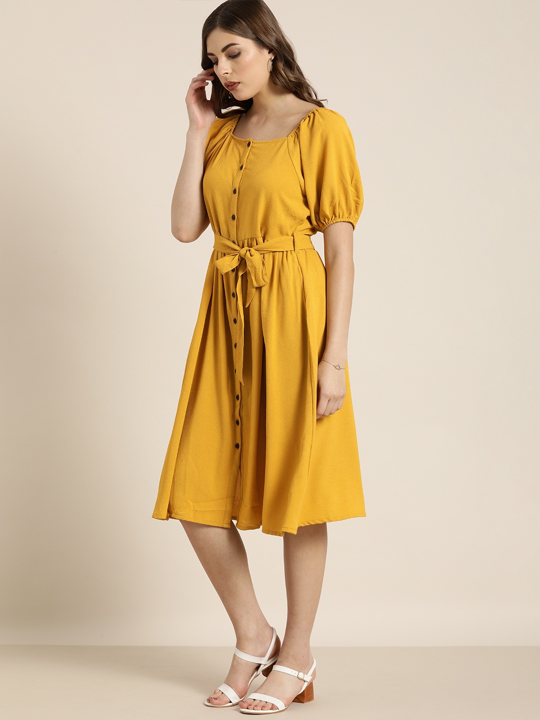 

all about you Women Mustard Yellow Solid A-Line Dress with Waist Tie-Ups