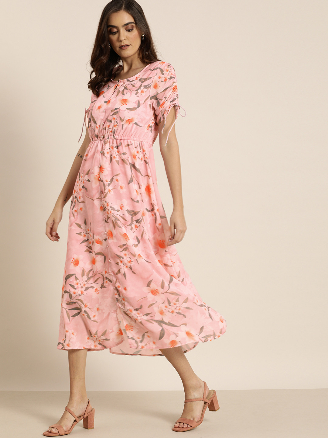 

all about you Women Pink & Grey Floral Printed Tie-Up Sleeve Fit and Flare Dress