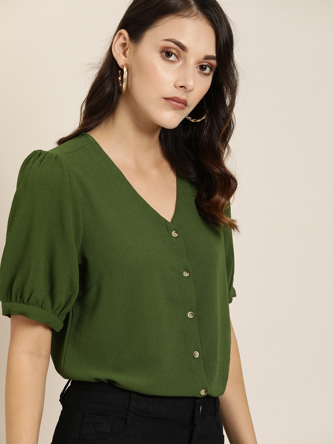 

all about you Olive Green V-Neck Top With Puff Sleeves