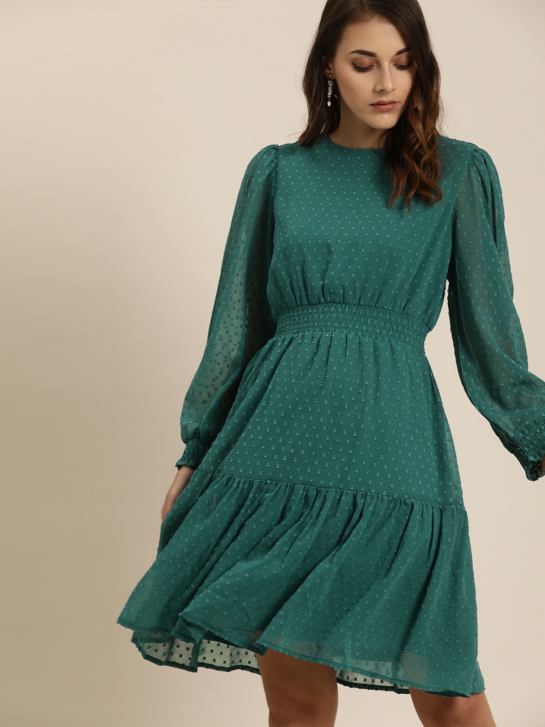 

all about you Gorgeous Green Self Design Pure Cotton Waisted Dress