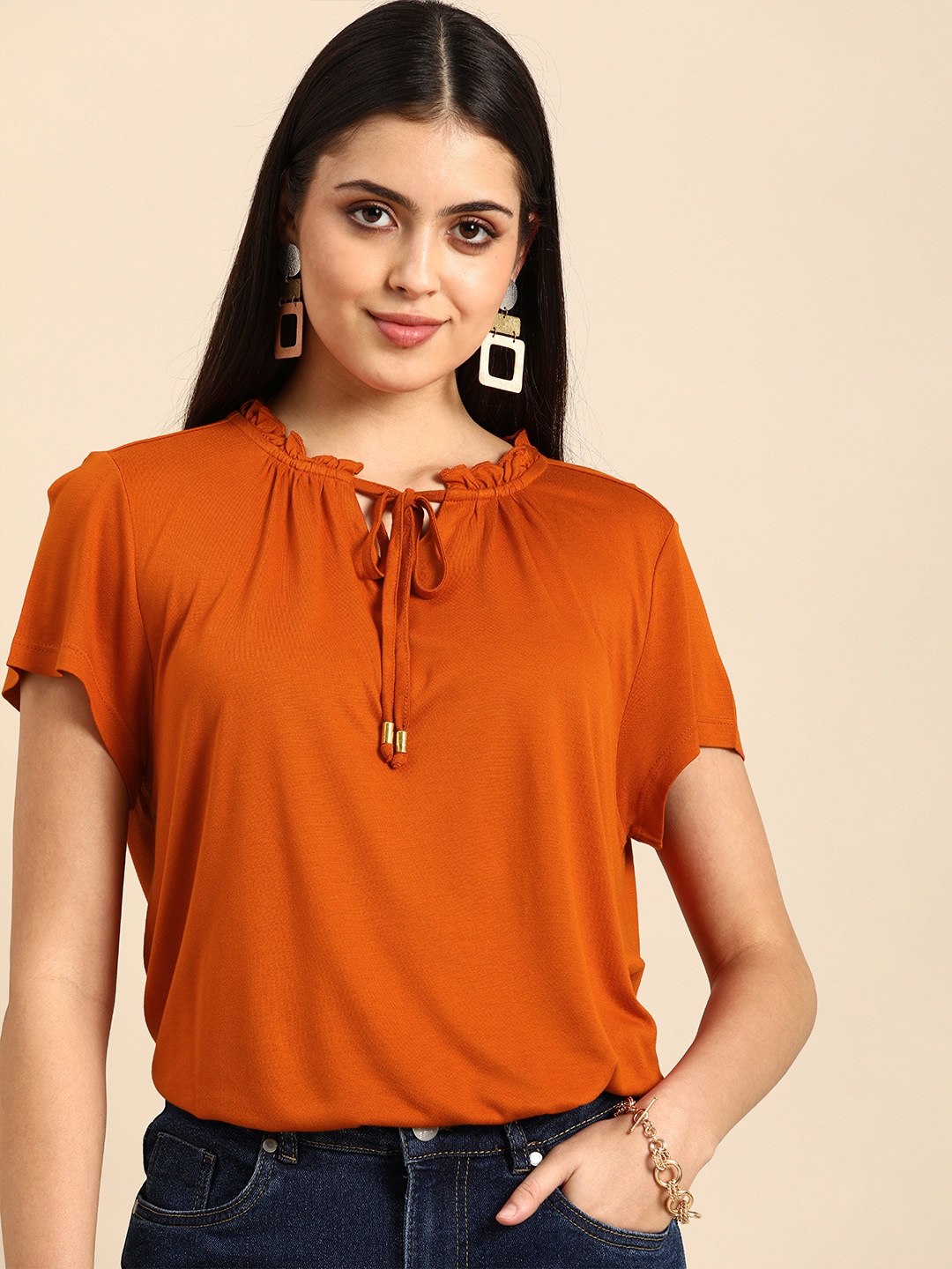 all about you Women Rust Solid Tie Up Neck Casual Top, Coral
