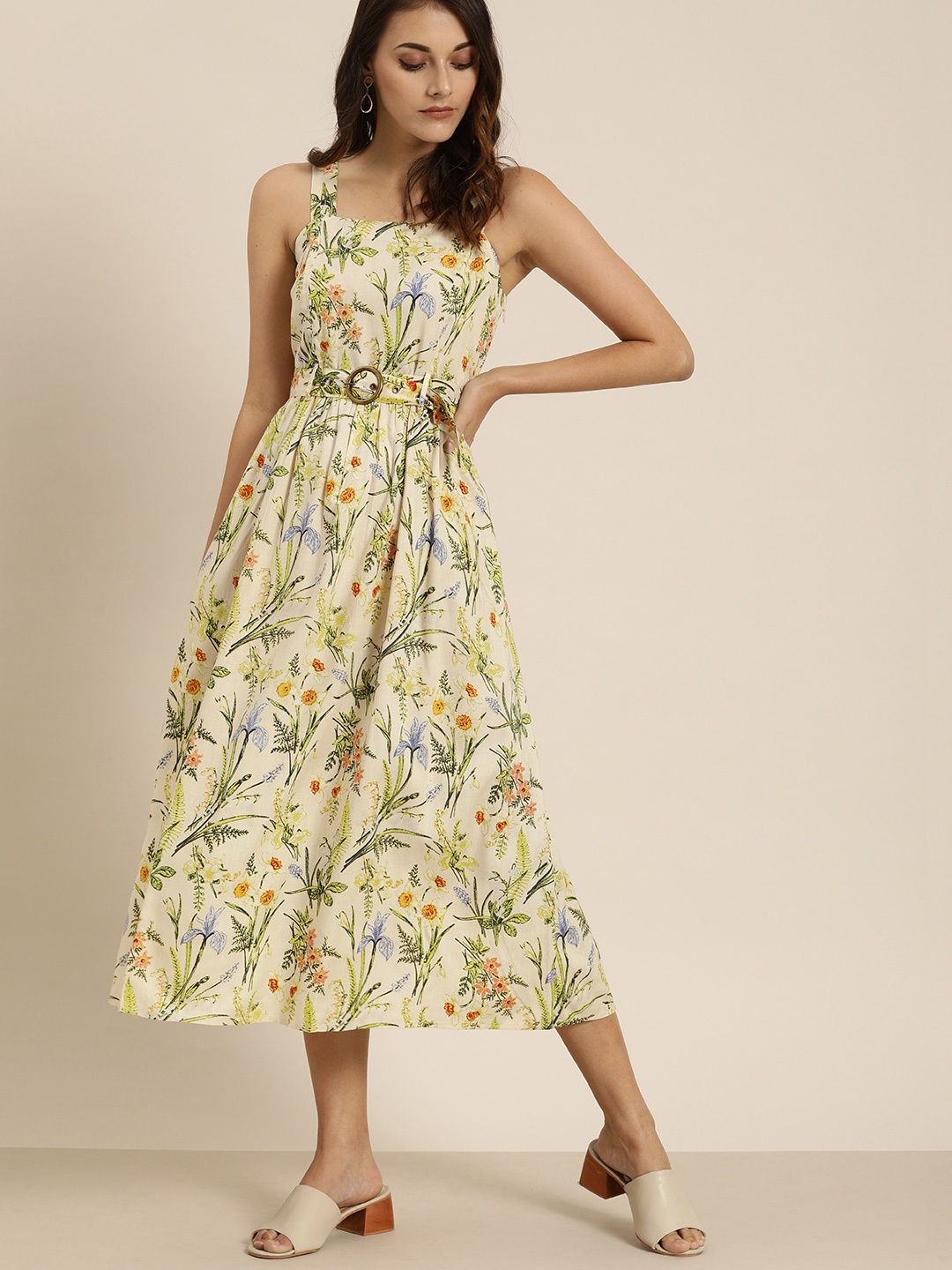 

all about you Cream-Coloured & Green Floral Printed A-Line Dress