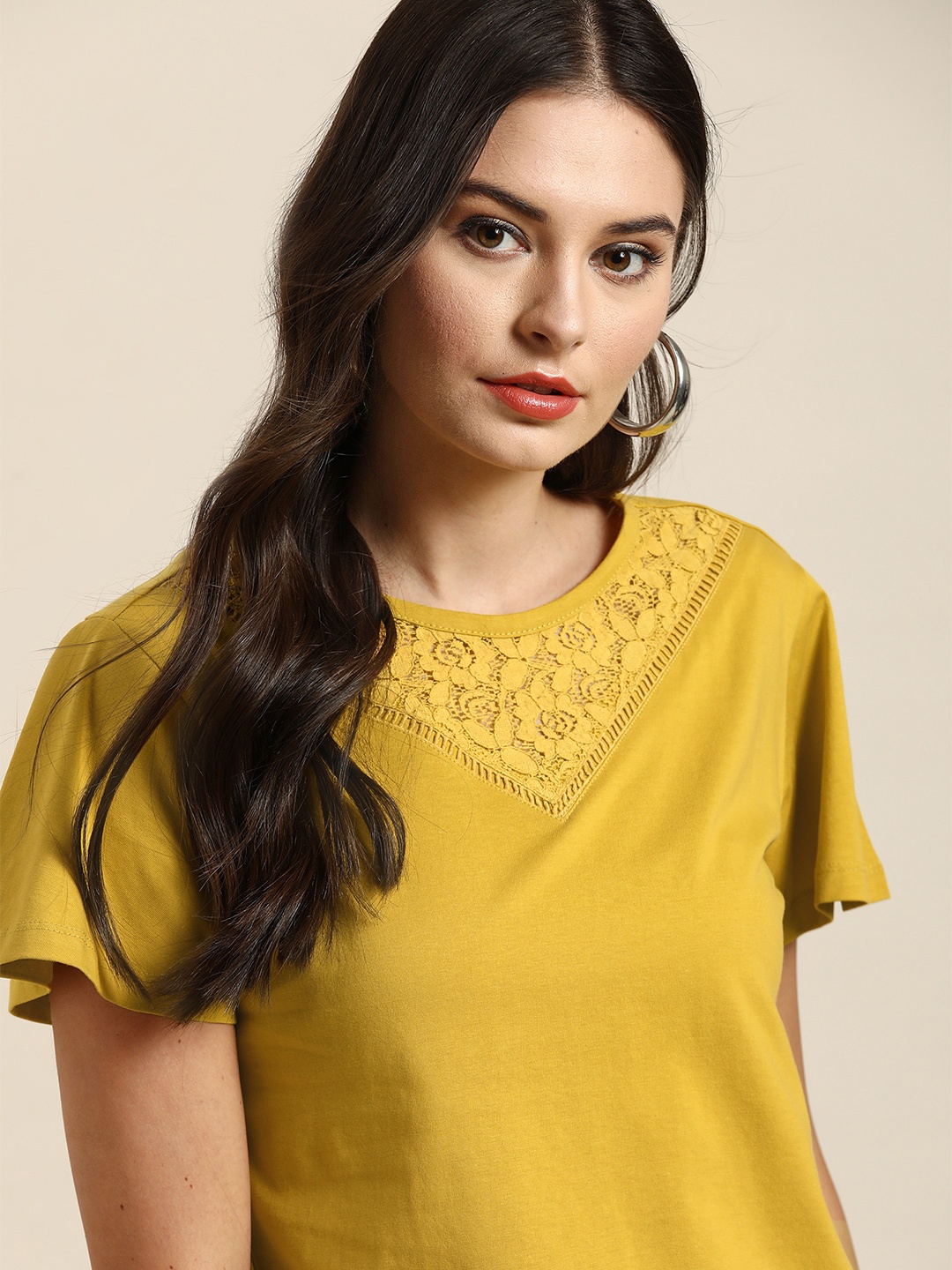 

all about you Women Mustard Yellow Solid Pure Cotton Top With Lace Detail