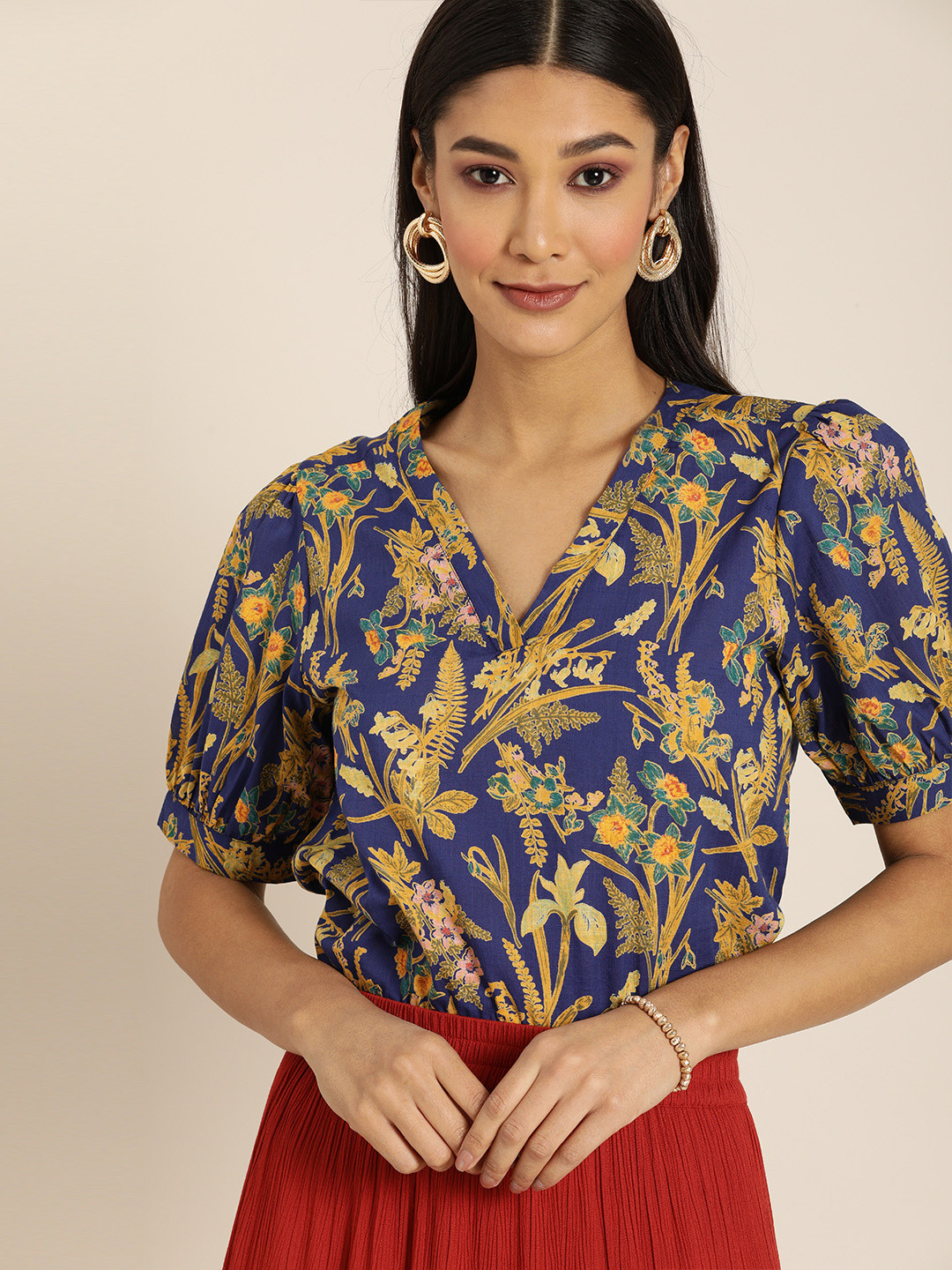 

All About You Blue & Yellow Floral Printed Puff Sleeves Regular Top