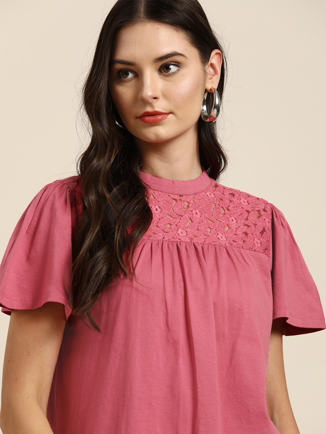 

all about you Women Pink Solid Pure Cotton Top With Lace Detail