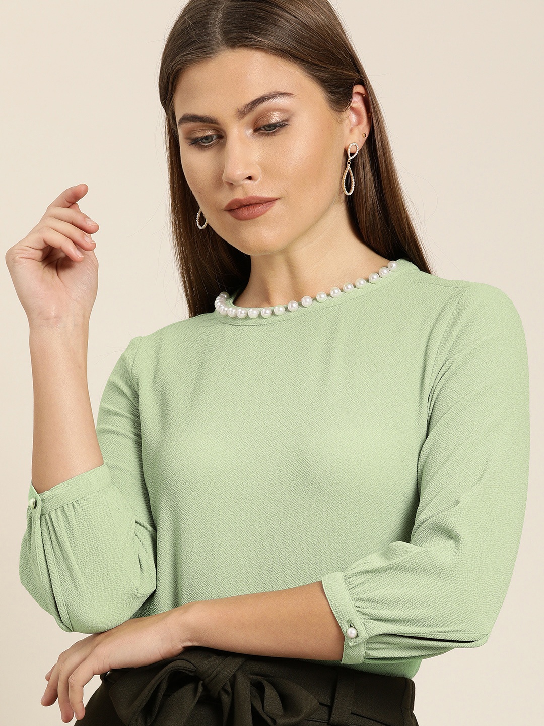 

all about you Women Green Solid Jewel Neck Top