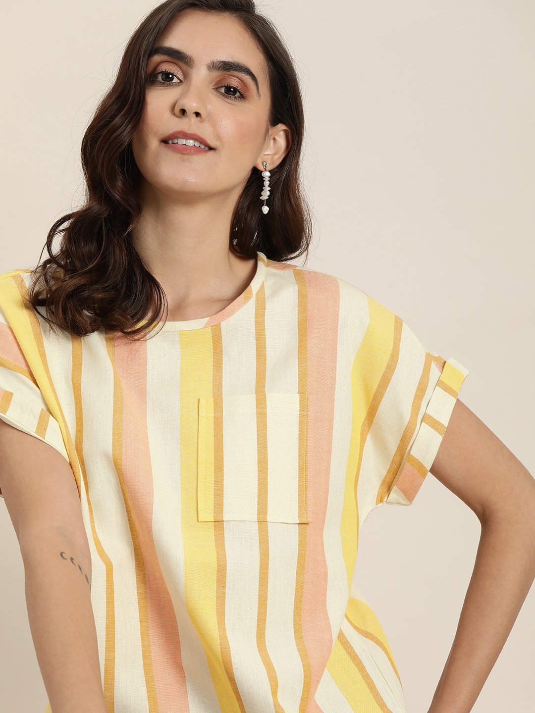 

all about you Off White & Peach-Coloured Striped Extended Sleeve Regular Top