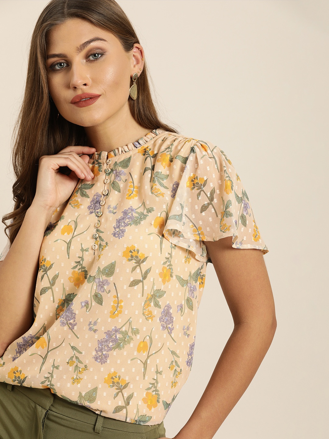 

all about you Peach-Coloured Floral Printed Top With Flutter Sleeves