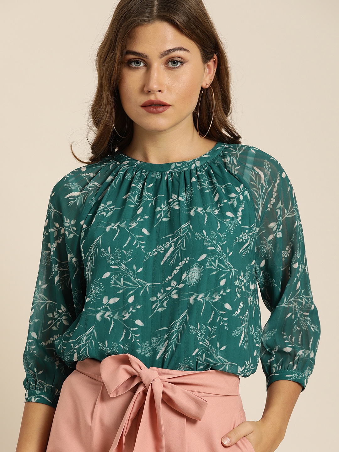 

all about you Women Green & White Floral Printed Regular Top