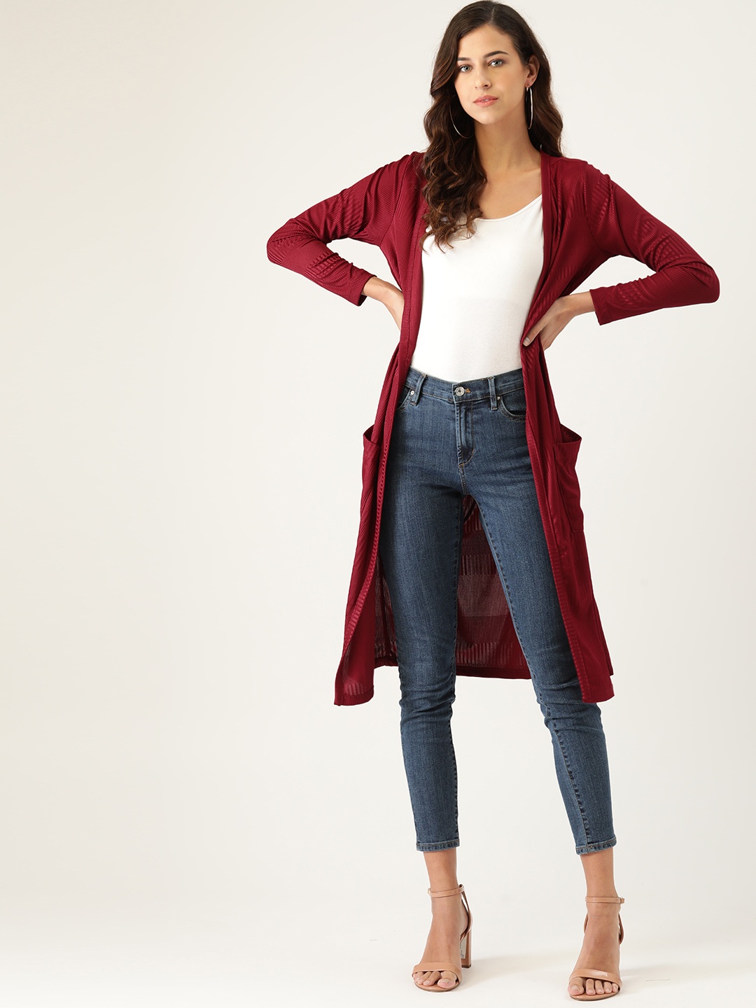 

all about you Women Maroon Striped Longline Shrug