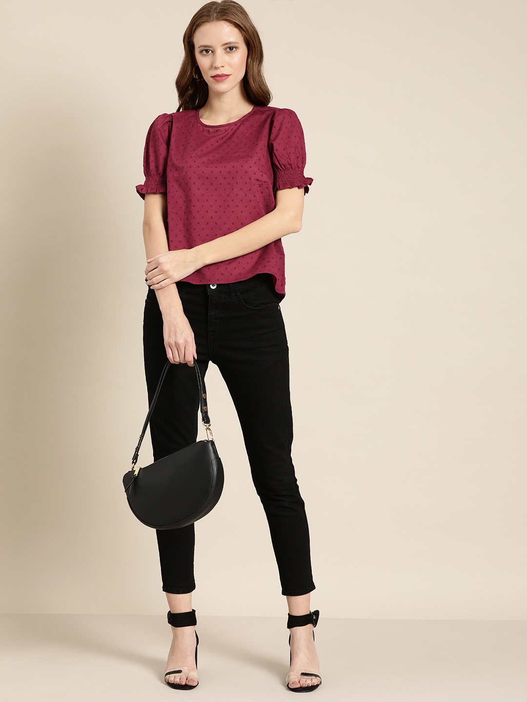 

all about you Women Burgundy Embroidered Pure Cotton Top